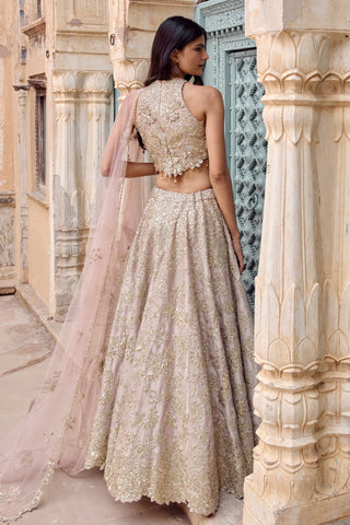 Back view of tan halter blouse and long tulle dupatta with beaded edge by Osaa by Adarsh at Mrs. G