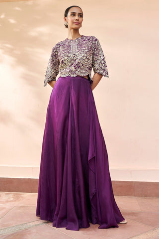 Full-length front view of aubergine scalloped embroidered top with flowing draped skirt by Osaa by Adarsh at Mrs. G