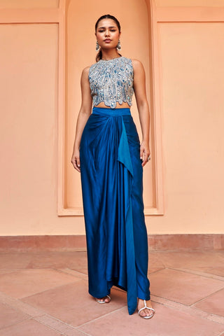 Full-length front view of jade blue sleeveless embroidered crop top with draped column skirt by Osaa by Adarsh at Mrs. G