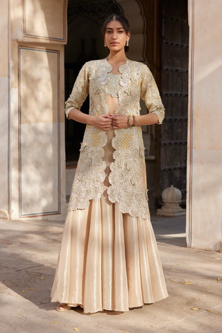 Full-length front view of beige champagne long open jacket with 3D floral embroidery over pleated skirt by Osaa by Adarsh at Mrs. G