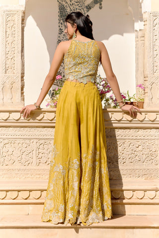 Back view of canary yellow halter top embroidered at the back with the flared garara by Osaa by Adarsh at Mrs. G