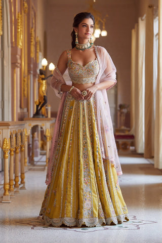 Front view of honey gold paneled lehenga with embroidered blouse and blush pink dupatta by Osaa by Adarsh at Mrs. G