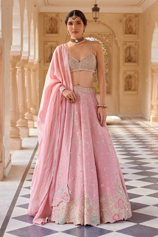 Front view of flamingo pink lehenga with embroidered bralette and pink dupatta by Osaa by Adarsh at Mrs. G