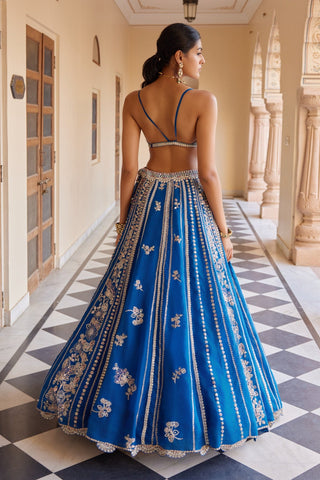 Back view of jade blue lehenga with strappy bralette and embroidered panels by Osaa by Adarsh at Mrs. G