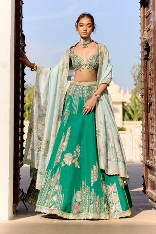 Front view of jewel green lehenga with embroidered blouse and pale aqua dupatta by Osaa by Adarsh at Mrs. G