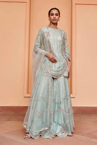 Front view of pastel blue sequin-lined short kurta with flared sharara and net dupatta by Osaa by Adarsh at Mrs. G