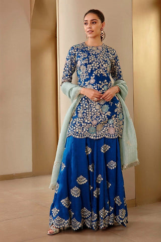Full-length front view of the jade blue rasm dori embroidered sharara set with a pale mint dupatta by Osaa by Adarsh at Mrs. G