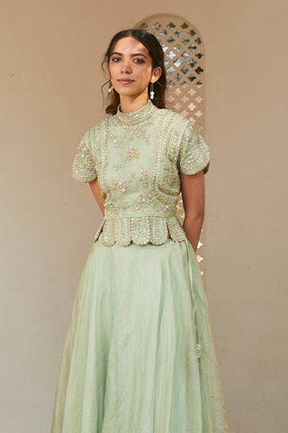 Closer front view of the frost blue rasm optical embroidered top and skirt by Osaa by Adarsh at Mrs. G