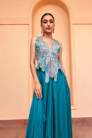 Closer front view of the pine green rasm embroidered top and skirt by Osaa by Adarsh at Mrs. G
