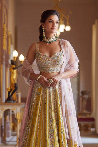Closer front view of the honey gold rasm embroidered organza lehenga by Osaa by Adarsh at Mrs. G