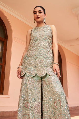 Closer front view of the cadet blue rasm aari embroidered sharara by Osaa by Adarsh at Mrs. G