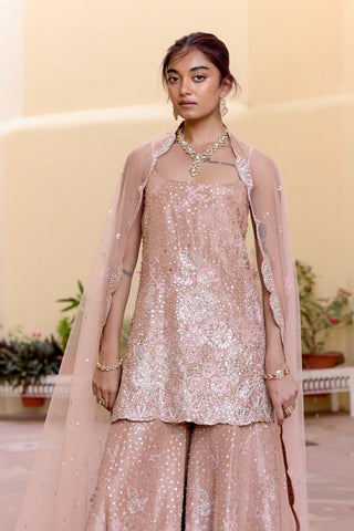 Closer front view of the caramel taupe safar sharara set by Osaa by Adarsh at Mrs. G