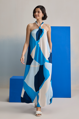 Maxi Dress for Contemporary Wear - Blue Marina Club Ocean Wave Maxi Dress by Zazu at Mrs. G