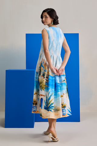 Midi Dress for Contemporary Wear - Blue Marina Club Mediterranean Midi Dress by Zazu at Mrs. G