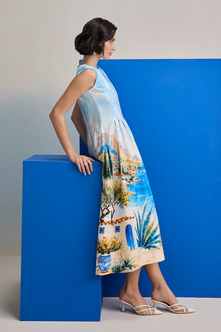 Midi Dress for Contemporary Wear - Blue Marina Club Mediterranean Midi Dress by Zazu at Mrs. G