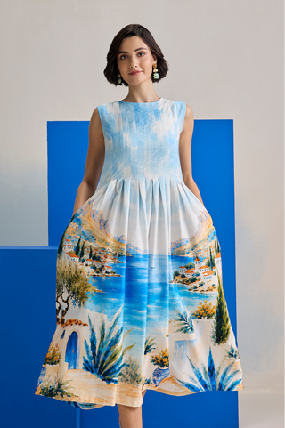 Midi Dress for Contemporary Wear - Blue Marina Club Mediterranean Midi Dress by Zazu at Mrs. G