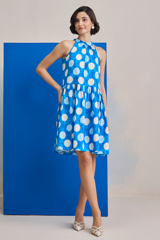 Short Dress for Contemporary Wear - Blue Marina Club Cloud Polka Short Dress by Zazu at Mrs. G