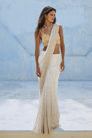 Pre Drape Saree Indian Wedding - Ivory Noor Saree by Chamee & Palak