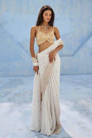 Pre Drape Saree Indian Wedding - Ivory Noor Saree by Chamee & Palak