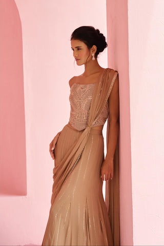 Pre Drape Saree Indian Wedding - Brown Stella Saree by Chamee & Palak