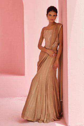 Pre Drape Saree Indian Wedding - Brown Stella Saree by Chamee & Palak