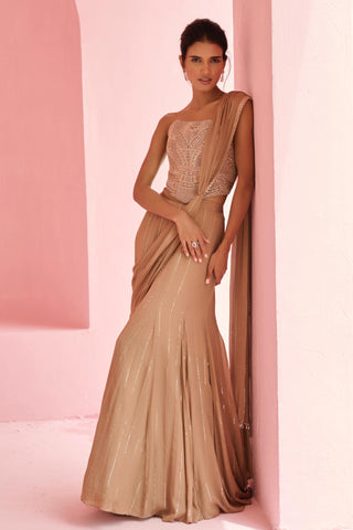 Pre Drape Saree Indian Wedding - Brown Stella Saree by Chamee & Palak