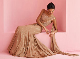 Pre Drape Saree Indian Wedding - Brown Stella Saree by Chamee & Palak