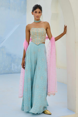 Flared Pant Set Traditional Wear - Blue Suhana Pant Set by Chamee & Palak