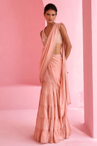 Pre Drape Saree Indian Wedding - Peach Khayal Saree by Chamee & Palak