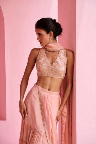 Pre Drape Saree Indian Wedding - Peach Khayal Saree by Chamee & Palak
