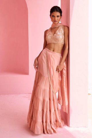 Pre Drape Saree Indian Wedding - Peach Khayal Saree by Chamee & Palak