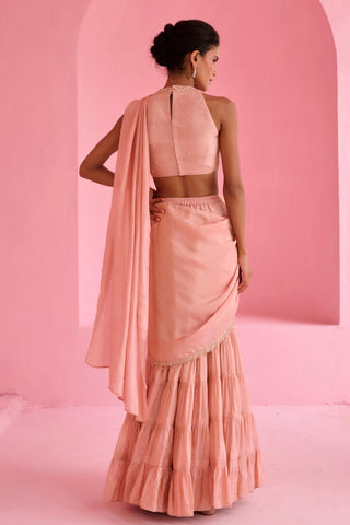 Pre Drape Saree Indian Wedding - Peach Khayal Saree by Chamee & Palak
