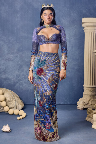 Front view of the blue forbidden fruit skirt set with a long-sleeved cropped blouse at Mrs. G