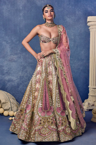 Front view of the bralette and pink net dupatta with the paisley lehenga at Mrs. G
