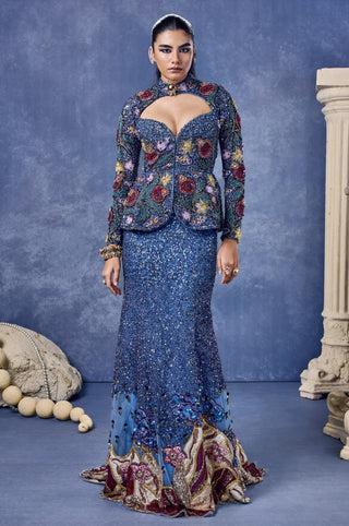 Front view of the midnight blue saint of desire jacket and fish cut skirt set at Mrs. G