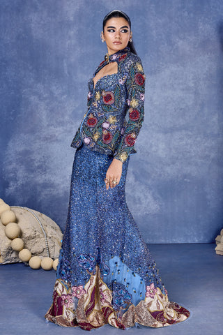 Side view of the midnight blue fish cut skirt with a ruffled hem at Mrs. G