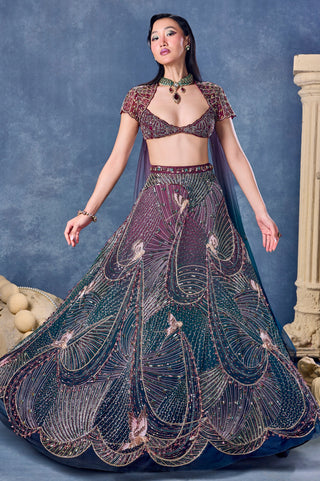 Front view of the pink and green ombre halo after dark lehenga set in full flare at Mrs. G