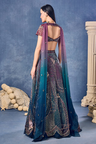 Back view of the maroon blouse with a keyhole back and the ombre dupatta at Mrs. G