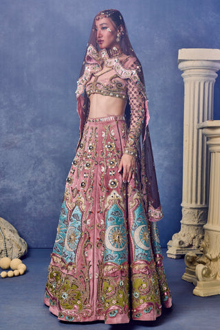 Front view of the dusty rose velvet lehenga with the maroon net dupatta over the head at Mrs. G