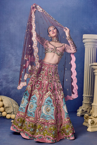 Front view of the velvet lehenga with the dupatta held out in a veil drape at Mrs. G
