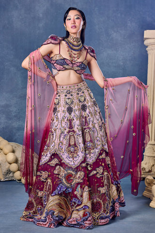 Front view of the wine wings of desire lehenga set with a pink to wine ombre dupatta at Mrs. G
