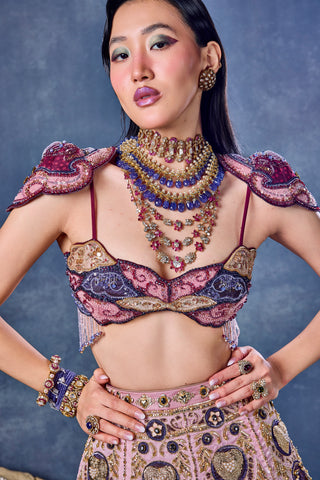 Waist-up view of the scalloped beaded neckline and embroidered pink yoke at Mrs. G