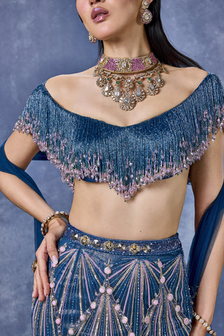Close-up of the beaded fringe neckline and cutdana tassels at Mrs. G