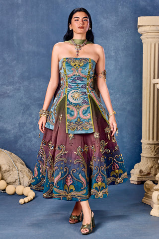 Front view of the green and blue ombre madonna's garden half lehenga set at Mrs. G