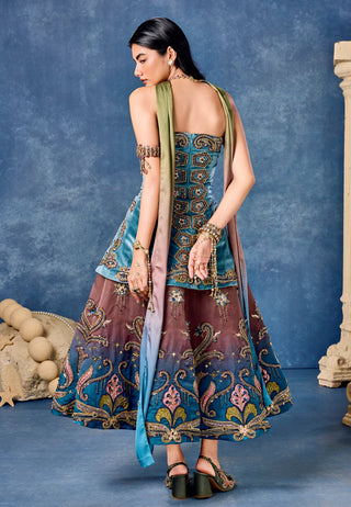 Back view of the strapless corset with a long ombre dupatta falling from behind at Mrs. G