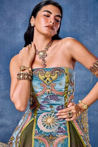 Close-up of the strapless velvet corset with moon and sun embroidery at Mrs. G
