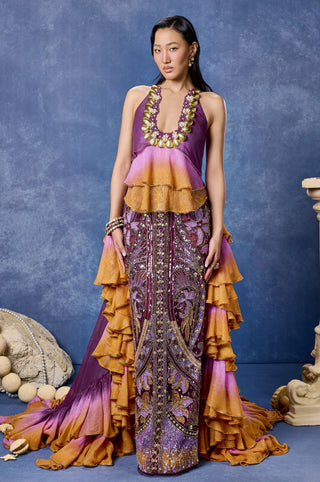 Front view of the aubergine and orange last temptation skirt set with a ruffled halter at Mrs. G