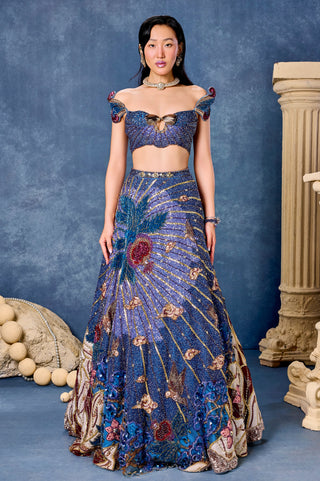 Front view of the midnight blue seeds of eden corset lehenga set at Mrs. G
