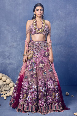 Front view of the pink and wine love profusion lehenga set with an ombre dupatta at Mrs. G