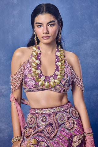Close-up of the halter neckline with pearls and gold shells at Mrs. G